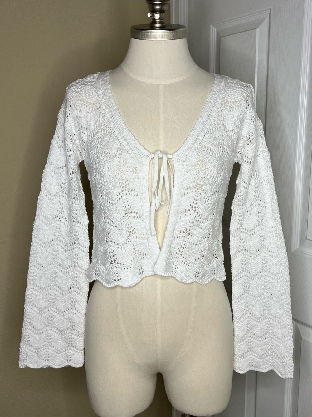 White Tie-Front Crochet Knit Women's Top